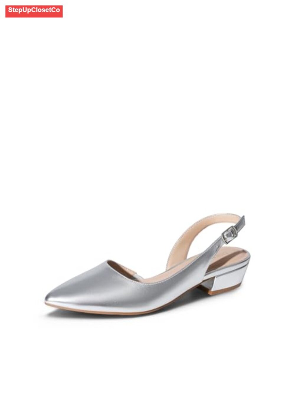 Faux Leather Slingback Flats Pointed Toe Low Block Heel Dress Shoes